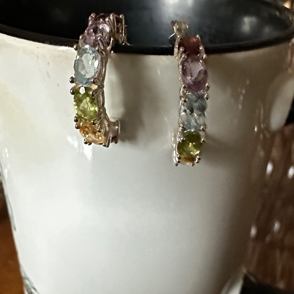 Elegant Multi-Color Gemstone J hoop earring